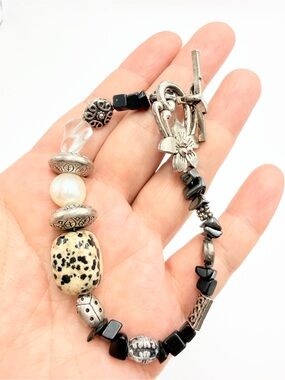 Vintage Gemstone Pearl Crystal Beaded Bracelet Floral Toggle Silver Tone